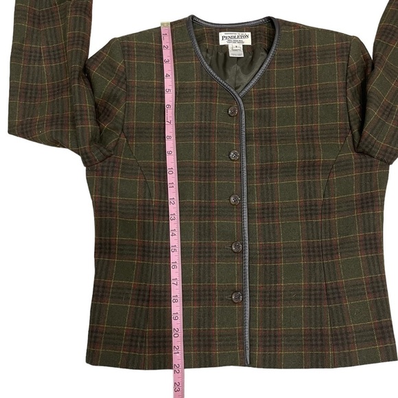 Vintage Pendleton Wool Plaid Leather Trim Jacket Blazer Size 8 Olive/Brown - Picture 7 of 12